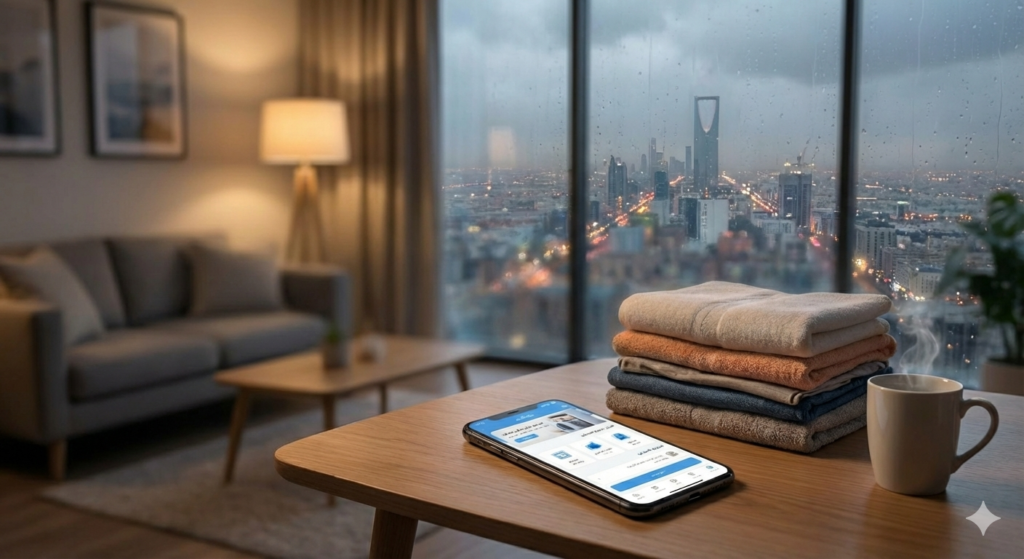 صورة لملابس مطوية وهاتف يعرض تطبيق غسيل الملابس، مع منظر لمدينة الرياض في الشتاء خلف نافذة عليها قطرات مطر